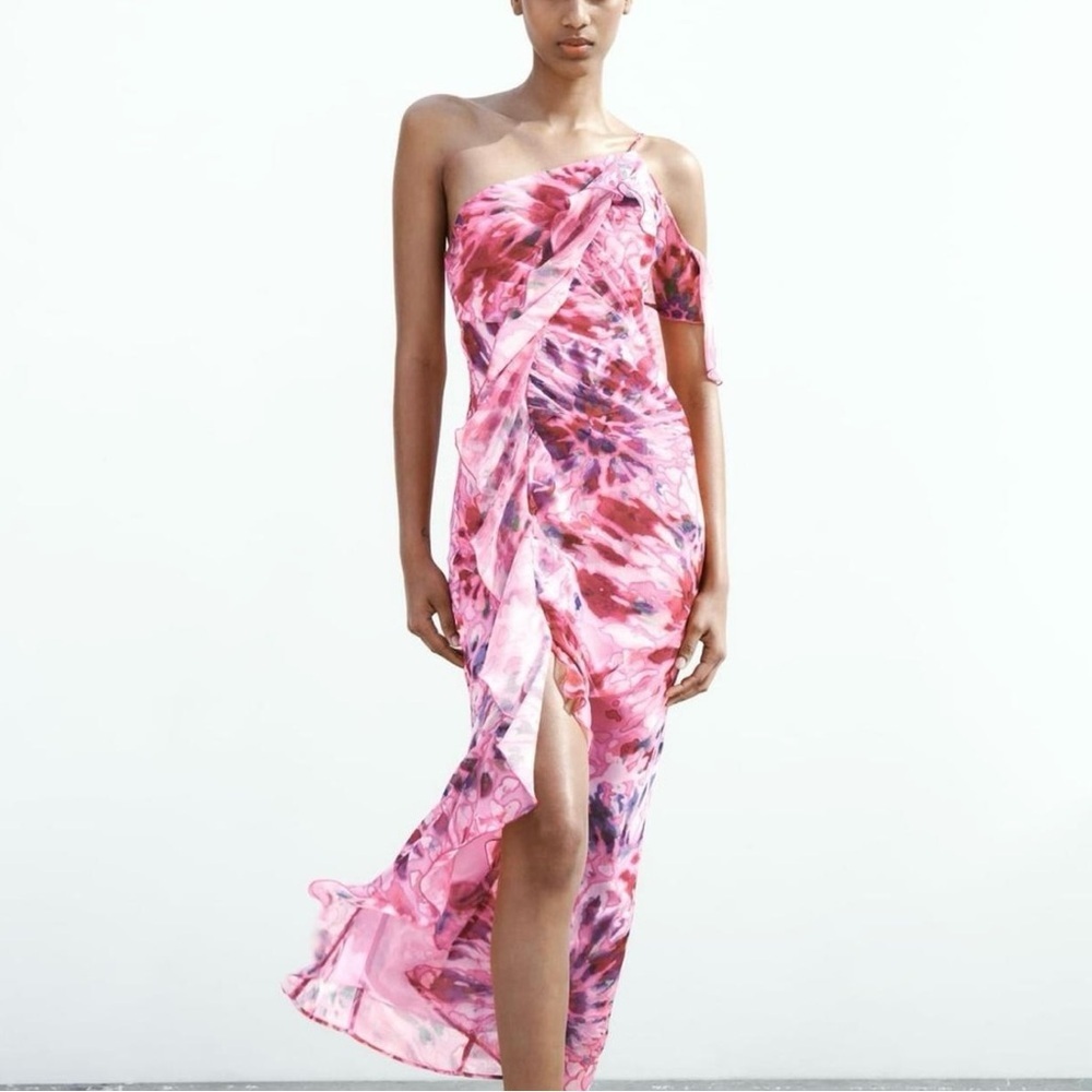 Zara Womens Asymmetrical Ruffled Printed Midi Dress XS Pink Lined One Shoulder
